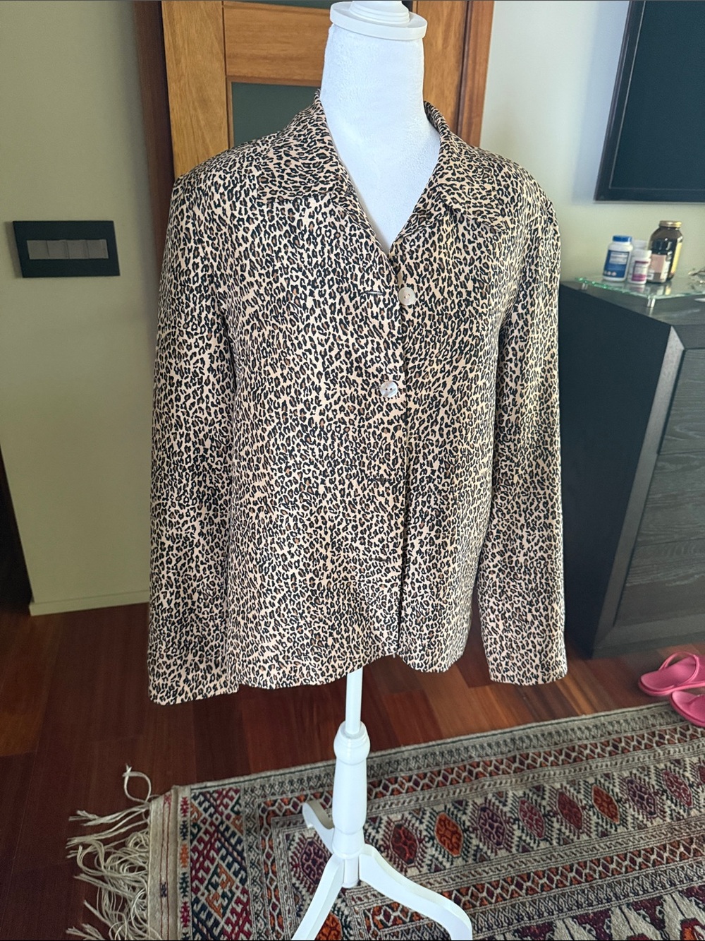 SilkLand Leopard Print Button-Front Blazer - Beige & Black